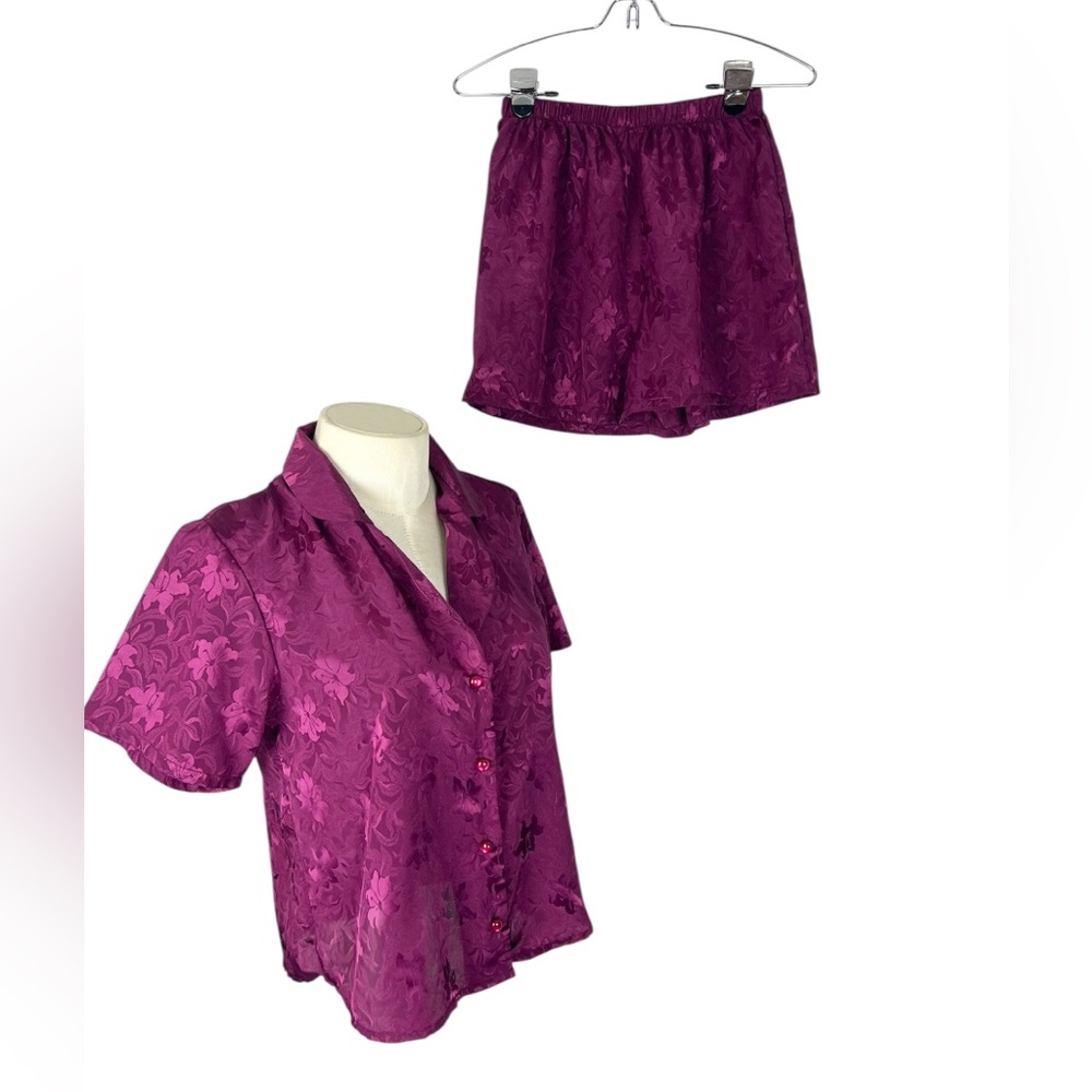 Vintage‎ Magenta damask floral pajamas Silky 2 piece shorts size Small
